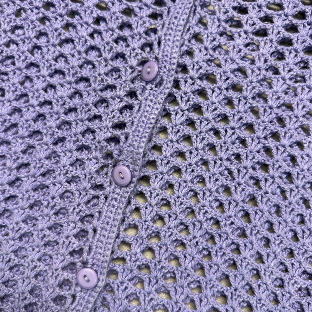 Handmade Y2K Crochet Cardigan Women Medium Purple Short Sleeve Boho Knit V-Neck - Picture 5 of 9